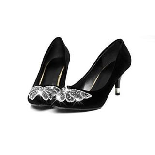 Faux Nubuck Leather Womens Dress Spool Heel Pointed Toe Pumps with Rhinestone More Colors