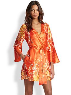 Oscar de la Renta Sleepwear Wildflower Satin Charmeuse Short Robe   Orange Flora