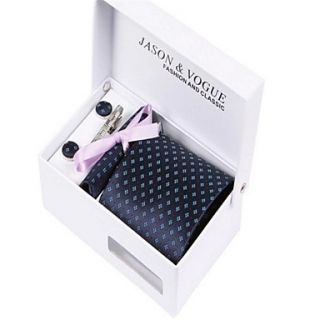 Mens Fashionable Blue Polyester Ties Set: Tie Hankie Cufflink Tie Clip Box with Bag
