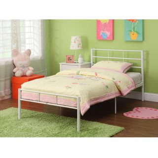 White Metal Twin Bed (TwinStylish, contemporary design>Durable steel framing supports 250 poundsNo box spring or bunky board requiredDimensions: 36 inches high x 79 inches wide x 42 inches deepAssembly requiredMattress, box springs and bedding (comforter,