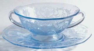 Fostoria Versailles Blue Cream Soup and Saucer Set   Stem #5098, Etch #278, Blue