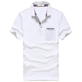 Lucassa Mens Simple Lapel Solid Color Short Sleeve T Shirt(White)