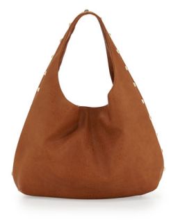 Pebbled Faux Leather Studded Hobo, Cognac