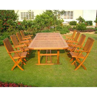 International Caravan Royal Tahiti Navarre 9 piece Outdoor Dining Set (Natural yellow balau colorMaterials: Yellow balau hardwoodFinish: Natural wood finishWeather resistantUV protection Butterfly leaf extendability allows for greater seating versatilityC