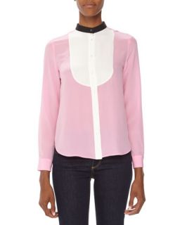 Colorblock Silk Tuxedo Blouse, Pink