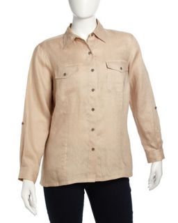 Linen Button Down Long Sleeve Safari Shirt, Sesame, Womens