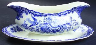 Crown Ducal Bristol Blue Gravy Boat with Attached Underplate, Fine China Dinnerw