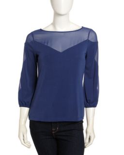 Long Sleeve Chiffon Neck Blouse, Marine Blue