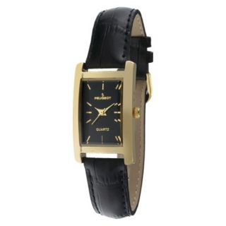 Womens Peugeot Gold tone Black Dial Leather Strap Watch   Black