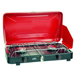 Texsport Rainier Compact Red Dual burner Propane Stove (RedFits 16.4 ounce or 14.1 ounce disposable propane cylinders (not included)Dimensions: 22 inches long x 12 inches wide x 5 inches highWeight: 6.2 pounds )