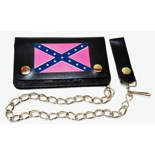 Hollywood Tag Pink Confederate Flag Leather Bi fold Chain Wallet