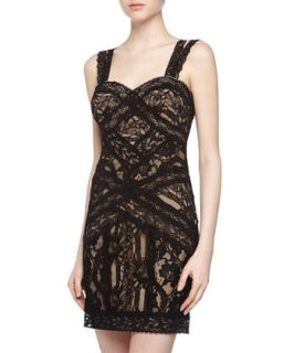 Sleeveless Fitted Lace Dress, Black/Nude