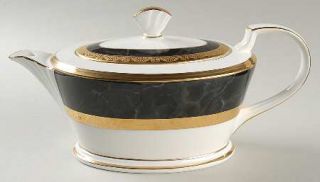 Noritake Opulence Teapot & Lid, Fine China Dinnerware   Black Marble Border,Gold