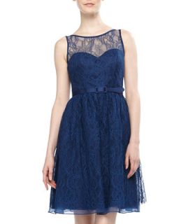 Lace Belted Cocktail Dress, Anchor Blue