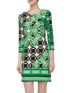 Three Quarter Geometric Print Stretch Knit Dress, Spring Green
